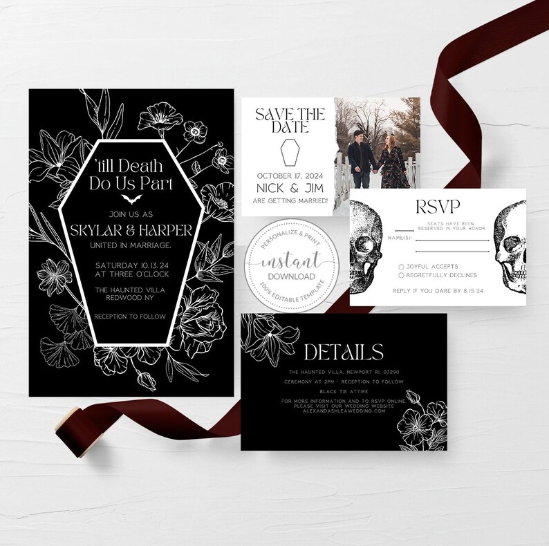 May include: Black and white wedding invitation suite with a gothic theme. The invitation features a coffin-shaped design with floral accents and the text "'till Death Do Us Part". The save the date card features a black and white photo of a couple in front of a snowy landscape. The RSVP card features two skull illustrations and the text "RSVP".