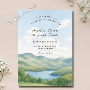 Suite di inviti per nozze con acquerello di montagna, montagne verdi, lago del Vermont, modelli Canva modificabili, biglietto di ringraziamento, invito per nozze nel New England