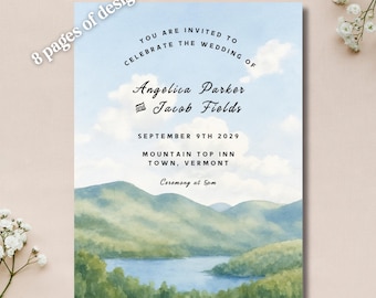 Mountain Watercolor Wedding Invitation Suite Green Mountains Vermont Lake Editable Canva Templates Thank You Card New England Wedding Invite