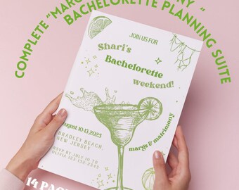 Suite completa de planificación de despedida de soltera con Margs & Matrimony, fiesta colorida y coqueta, viaje de fin de semana con temática de Margarita, imprimible y personalizable