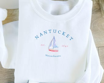 Sudadera de cuello redondo con diseño de velero de Nantucket, algodón, Massachusetts, ligera, ideal como regalo de velero, playera, verano, estilo náutico, para despedidas de soltera.