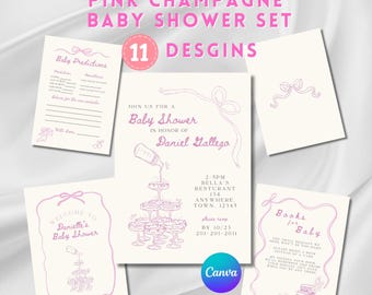 Juego de papelería para baby shower con torre de champán rosa, invitación para baby shower de niña, letrero de bienvenida, tarjetas de agradecimiento, juegos para bebés, lazos rosas imprimibles