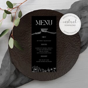 May include: A black and white printable menu template featuring a spooky skeletal hand holding a bowl. The menu includes the text "MENU", "FIRST", "BUTTERNUT SQUASH SOUP", "SECOND", "CHICKEN WITH BRUSEL SPROUTS", "SALMON WITH BROWN RICE", "GRILLED VEGGIES", "WITH CAULIFLOWER STEAK", "DESSERT", "RED VELVET CAKE", "BLOOD ORANGE MACAROON", and "PERSONALIZE & PRINT", "instant DOWNLOAD", "EDITABLE TEMPLATE".