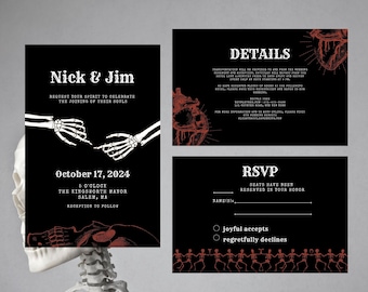 Esqueleto hasta que la muerte nos separe Suite de invitación de boda Personalizable Halloween RSVP y detalles góticos