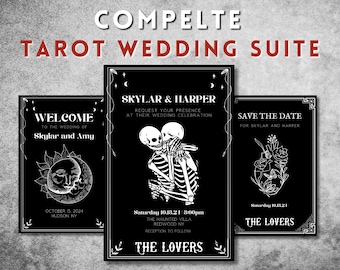 Tarot Card Wedding Invitation Suite Stationery Digital Customize Gothic Halloween Spooky Wedding Autumn Printable Canva Template mystical