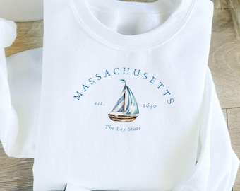 Sudadera de algodón polar del estado de Massachusetts, con diseño de acuarela de barco, cuello redondo, estilo vintage, regalo náutico histórico de verano.