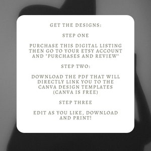 May include: A white text box with black text outlining the steps to purchase and download digital designs. The text reads: "GET THE DESIGNS: STEP ONE PURCHASE THIS DIGITAL LISTING THEN GO TO YOUR ETSY ACCOUNT AND "PURCHASES AND REVIEW" STEP TWO: DOWNLOAD THE PDF THAT WILL DIRECTLY LINK YOU TO THE CANVA DESIGN TEMPLATES (CANVA IS FREE) STEP THREE EDIT AS YOU LIKE, DOWNLOAD AND PRINT!"