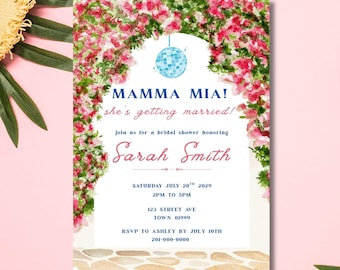 Plantilla de invitación para despedida de soltera "Mamma Mia", invitación floral de jardín disco, PDF editable, invitación de cumpleaños, tarjeta europea de playa griega costera de verano