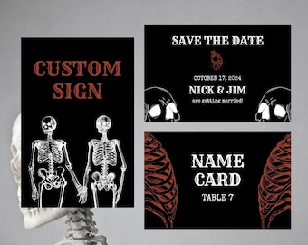 Esqueleto hasta que la muerte nos separe Conjunto de papelería de boda Personalizable Halloween Guardar las fechas, tarjetas de presentación y signos góticos