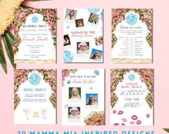 Mamma Mia Bridal Shower Bundle ABBA Disco Theme  Games, Invite, Sign Suite  Editable & Printable Coastal European Greek Summer Birthday