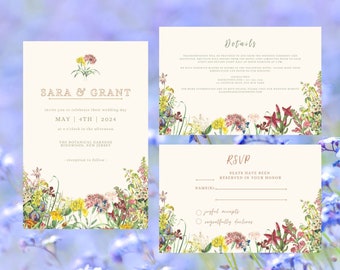Jardín de bodas botánico Suite de invitación de boda de primavera Detalles de RSVP personalizables Plantilla de bricolaje boda botánica boda colorida