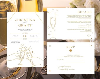 Invitación de boda de champán de oro moderno Suite de bodas de Nochevieja Boda de champán estacionaria mínima personalizable