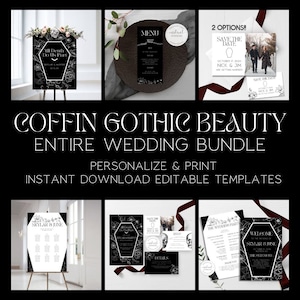 May include: A wedding invitation bundle with a gothic theme. The bundle includes a save the date card, a wedding invitation, a menu, a seating chart, a welcome sign, and a details card. The designs feature black and white illustrations of flowers, coffins, and skulls.
