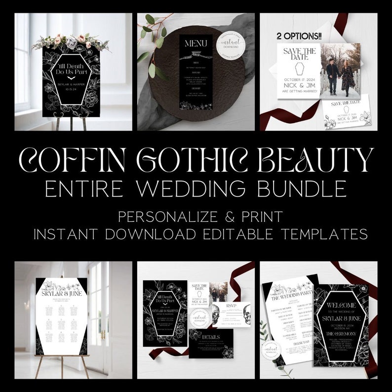 May include: A wedding invitation bundle with a gothic theme. The bundle includes a save the date card, a wedding invitation, a menu, a seating chart, a welcome sign, and a details card. The designs feature black and white illustrations of flowers, coffins, and skulls.