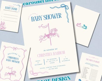 Juego de papelería imprimible para baby shower con diseño de caballo de carrusel vintage, temática de género neutro, juegos personalizados para baby shower, letrero de bienvenida