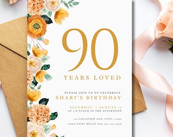 Invitación de cumpleaños número 90, elegante, alegre, amarillo brillante, acuarela, diseño floral, plantilla Canva, personalizable, descarga, imprimible, 95, 80, 85