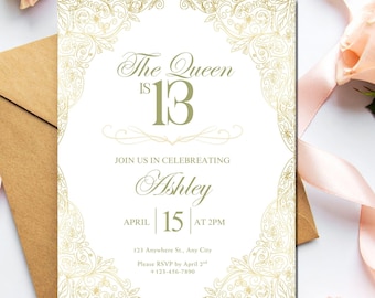 Invitación de cumpleaños número 13, La Reina cumple 13 años, Celebraciones elegantes para adolescentes, Cumpleaños inspirados en princesas glamurosas y doradas, Descarga personalizable