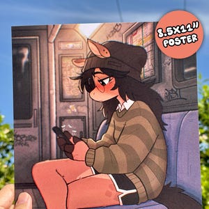 May include: An 8.5x11 inch poster featuring an anime-style character on a subway. The character, wearing a beanie and striped sweater, is using a phone. The poster has a peach-colored circle with the text "8.5x11" POSTER".