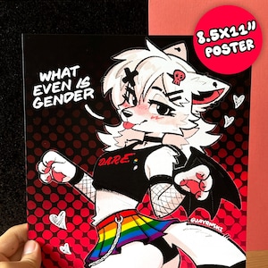 Pode incluir: Um pôster de 21,6 x 27,9 cm com um personagem de desenho animado com pele branca, vestindo um top preto, uma saia arco-íris e meias de rede. O pôster tem o texto "WHAT EVEN IS GENDER" e um fundo vermelho e preto.