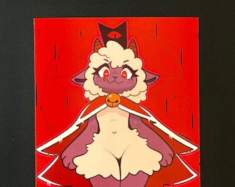 Puede incluir: Ilustración de un personaje de cordero de dibujos animados con corona y capa, sobre un fondo rojo. El cordero tiene una cara y un cuerpo blancos y esponjosos, extremidades moradas y ojos rojos. Una campana dorada cuelga de su cuello.
