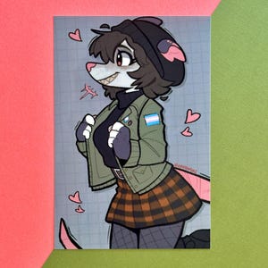 May include: Illustration of an anthropomorphic opossum character wearing a black turtleneck, green jacket, and plaid skirt. The character has a black hat and is surrounded by hearts and starbursts. The background is a light grey grid.