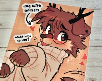 Dog with Antlers Furry Art Print (4x6)