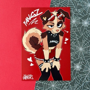 May include: A red and white illustration of a dog-like character wearing a black crop top with the word "FANGZ" and a red pleated skirt. The character has brown and white fur, sunglasses, and black accessories. The word "FANGZ" is also written in white on the top left of the image.
