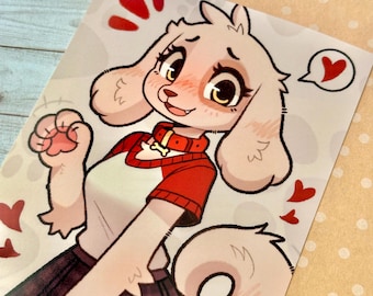 Puede incluir: Ilustración de dibujos animados de un personaje parecido a un perro con un atuendo rojo y blanco, un collar rojo con un hueso y una burbuja de pensamiento con un corazón. El personaje tiene pelaje marrón claro, ojos grandes y está rodeado de corazones rojos.