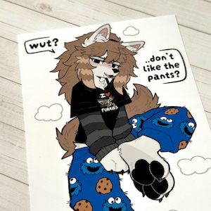 Puede incluir: Ilustraci&oacute;n de un personaje peludo que lleva una camiseta negra con el texto "I ❤️ FURRIES", una camiseta de manga larga a rayas grises y negras y un pantal&oacute;n de pijama azul de Monstruo de las Galletas. Los bocadillos dicen "wut?" y "...don't like the pants?"