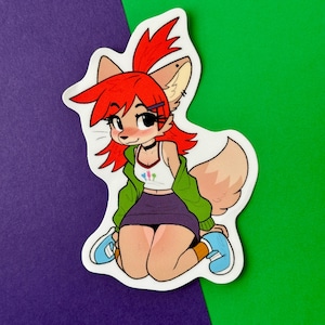 May include: A sticker featuring a cartoon fox-like character with red hair, wearing a white tank top, green jacket, and purple skirt. The character is kneeling, with blue sneakers and a black choker. The sticker has a white border and is set against a purple and green background.