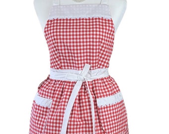 Classic Red and White Gingham Retro Apron, Aprons For Women, Gift Idea For Her, Red and White Checked Apron