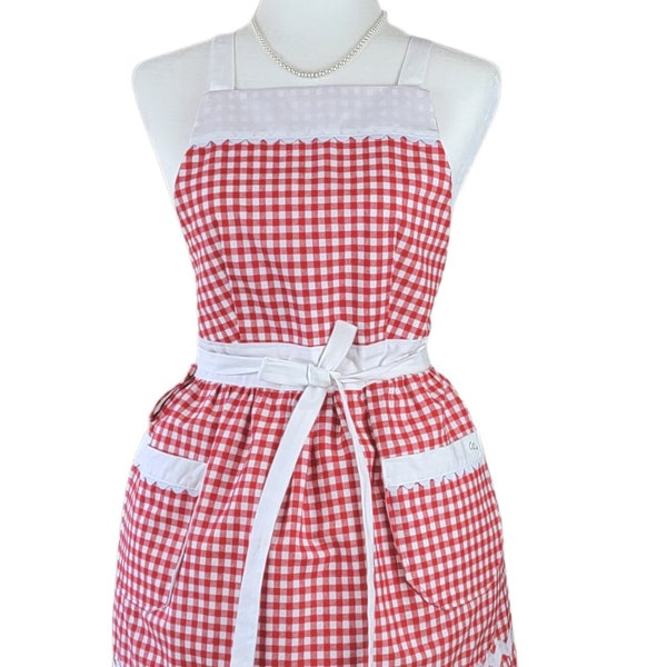 Classic Red and White Gingham Retro Apron, Aprons For Women, Gift Idea For Her, Red and White Checked Apron