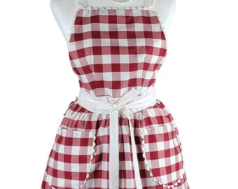 Cute Buffalo Check Retro Apron with Rick Rack - Perfect for Baking and Cooking