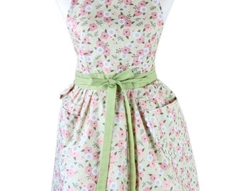 Charming Vintage Style Apron with Soft Floral Print on Green
