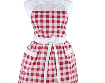 Vintage-Inspired Red and White Buffalo Check Cute Retro Kitchen Apron