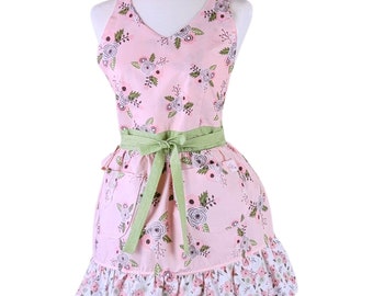 Charming Pink Retro Apron with V-Neck and Ruffle Trim