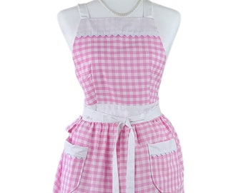 Classic Pink Gingham Cute Retro Cooking Apron For Women