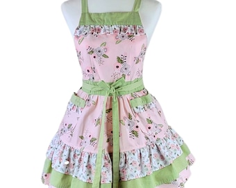 Layered Ruffle Apron in Pink and Green - Vintage Inspired Style