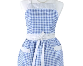 Classic Blue Gingham Cute Retro Cooking Apron For Women