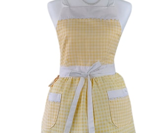 Classic Yellow Gingham Cute Retro Cooking Apron For Women