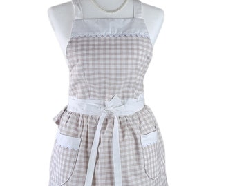 Classic Beige Gingham Cute Retro Cooking Apron For Women