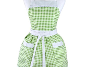 Classic Green Gingham Cute Retro Cooking Apron For Women