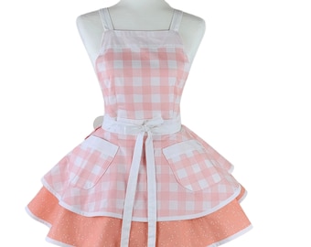 Whimsical Retro Apron in Fresh Peach Checkered Print