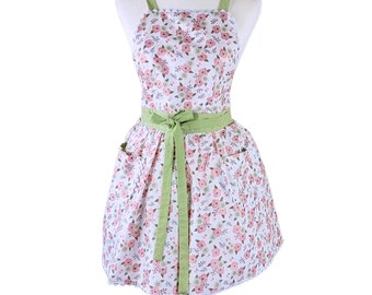 Charming Vintage Style Apron with Pink Flowers and Rick Rack Detail