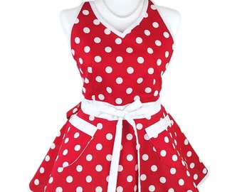 Sexy Red Retro Dotted Apron for Women, Cute Flirty Women's Apron