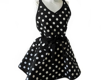 Farmhouse Black Dotted Full Pretty Retro Aprons for Women, Gift For Her, Cute Aprons