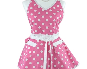 Sexy Pink Retro Dotted Apron for Women, Cute Flirty Women's Apron