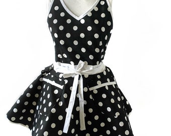 Farmhouse  White Dotted Full Pretty Retro Aprons for Women, Gift for Her, Cute Aprons