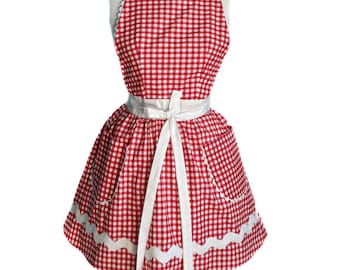 Red and White Gingham Retro Apron, Aprons For Women, Gift Idea For Her, Red and White Checked Apron