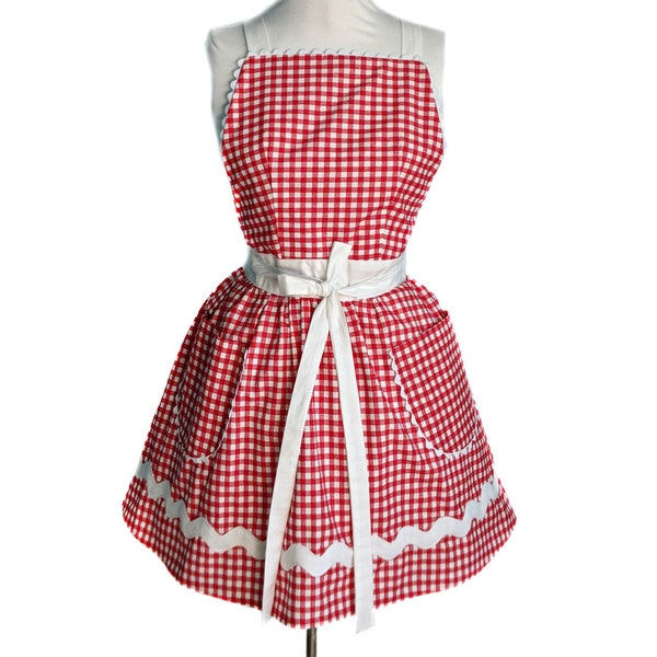 Red and White Gingham Retro Apron, Aprons For Women, Gift Idea For Her, Red and White Checked Apron